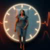 A dramatic, modern, conceptual scene viewed from above: a woman lying peacefully on a large, minimal bed shaped like a glowing clock face, with clear hour marks but no numbers. The clock-bed is floating in a dark, abstract space with subtle soft red and blue gradients suggesting heart and blood flow. A gentle, stylized ECG heartbeat line flows around the bed, smooth and stable, symbolizing healthy blood pressure and heart rhythm. The woman looks calm and strong, not overly smiling, wearing simple, comfortable sleepwear, her posture relaxed and confident. The style is clean, editorial and slightly futuristic, with high contrast between the glowing clock and the dark background, no mugs, no text, no logos, no clutter, empowering and visually striking