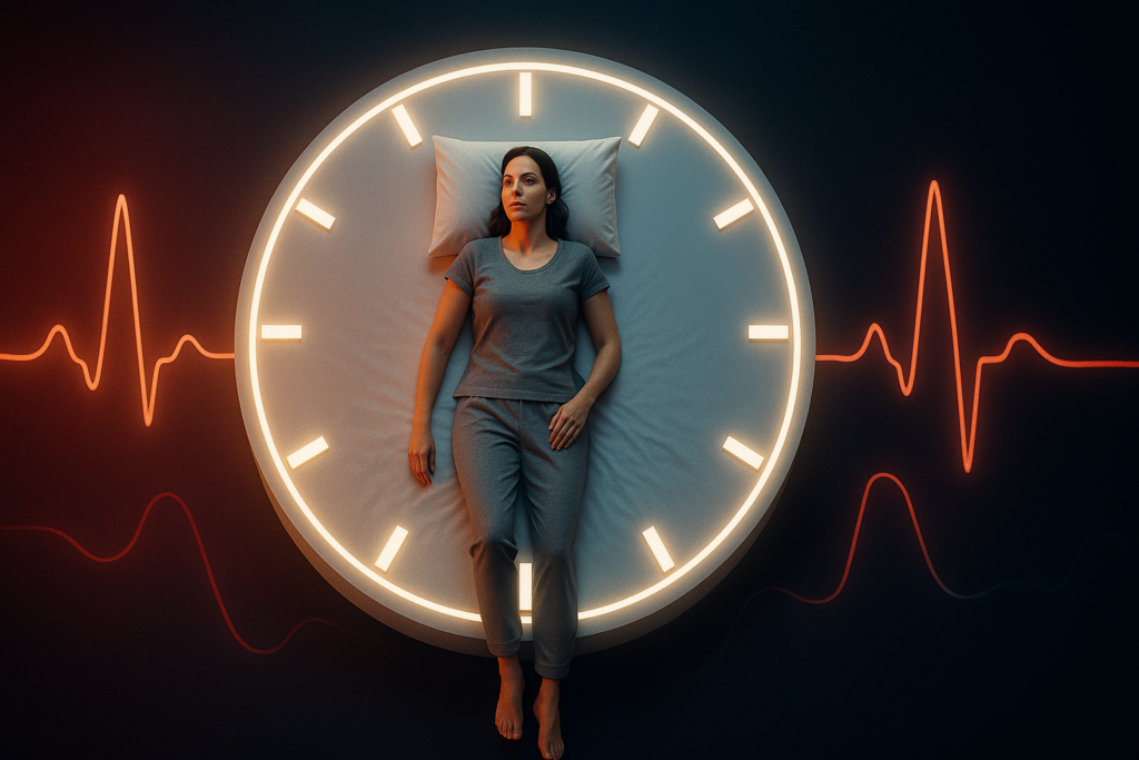 A dramatic, modern, conceptual scene viewed from above: a woman lying peacefully on a large, minimal bed shaped like a glowing clock face, with clear hour marks but no numbers. The clock-bed is floating in a dark, abstract space with subtle soft red and blue gradients suggesting heart and blood flow. A gentle, stylized ECG heartbeat line flows around the bed, smooth and stable, symbolizing healthy blood pressure and heart rhythm. The woman looks calm and strong, not overly smiling, wearing simple, comfortable sleepwear, her posture relaxed and confident. The style is clean, editorial and slightly futuristic, with high contrast between the glowing clock and the dark background, no mugs, no text, no logos, no clutter, empowering and visually striking