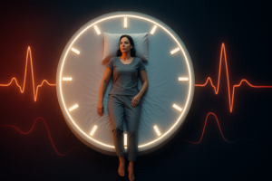 A dramatic, modern, conceptual scene viewed from above: a woman lying peacefully on a large, minimal bed shaped like a glowing clock face, with clear hour marks but no numbers. The clock-bed is floating in a dark, abstract space with subtle soft red and blue gradients suggesting heart and blood flow. A gentle, stylized ECG heartbeat line flows around the bed, smooth and stable, symbolizing healthy blood pressure and heart rhythm. The woman looks calm and strong, not overly smiling, wearing simple, comfortable sleepwear, her posture relaxed and confident. The style is clean, editorial and slightly futuristic, with high contrast between the glowing clock and the dark background, no mugs, no text, no logos, no clutter, empowering and visually striking