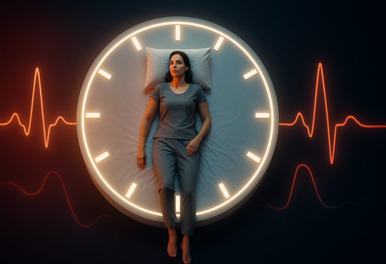 A dramatic, modern, conceptual scene viewed from above: a woman lying peacefully on a large, minimal bed shaped like a glowing clock face, with clear hour marks but no numbers. The clock-bed is floating in a dark, abstract space with subtle soft red and blue gradients suggesting heart and blood flow. A gentle, stylized ECG heartbeat line flows around the bed, smooth and stable, symbolizing healthy blood pressure and heart rhythm. The woman looks calm and strong, not overly smiling, wearing simple, comfortable sleepwear, her posture relaxed and confident. The style is clean, editorial and slightly futuristic, with high contrast between the glowing clock and the dark background, no mugs, no text, no logos, no clutter, empowering and visually striking